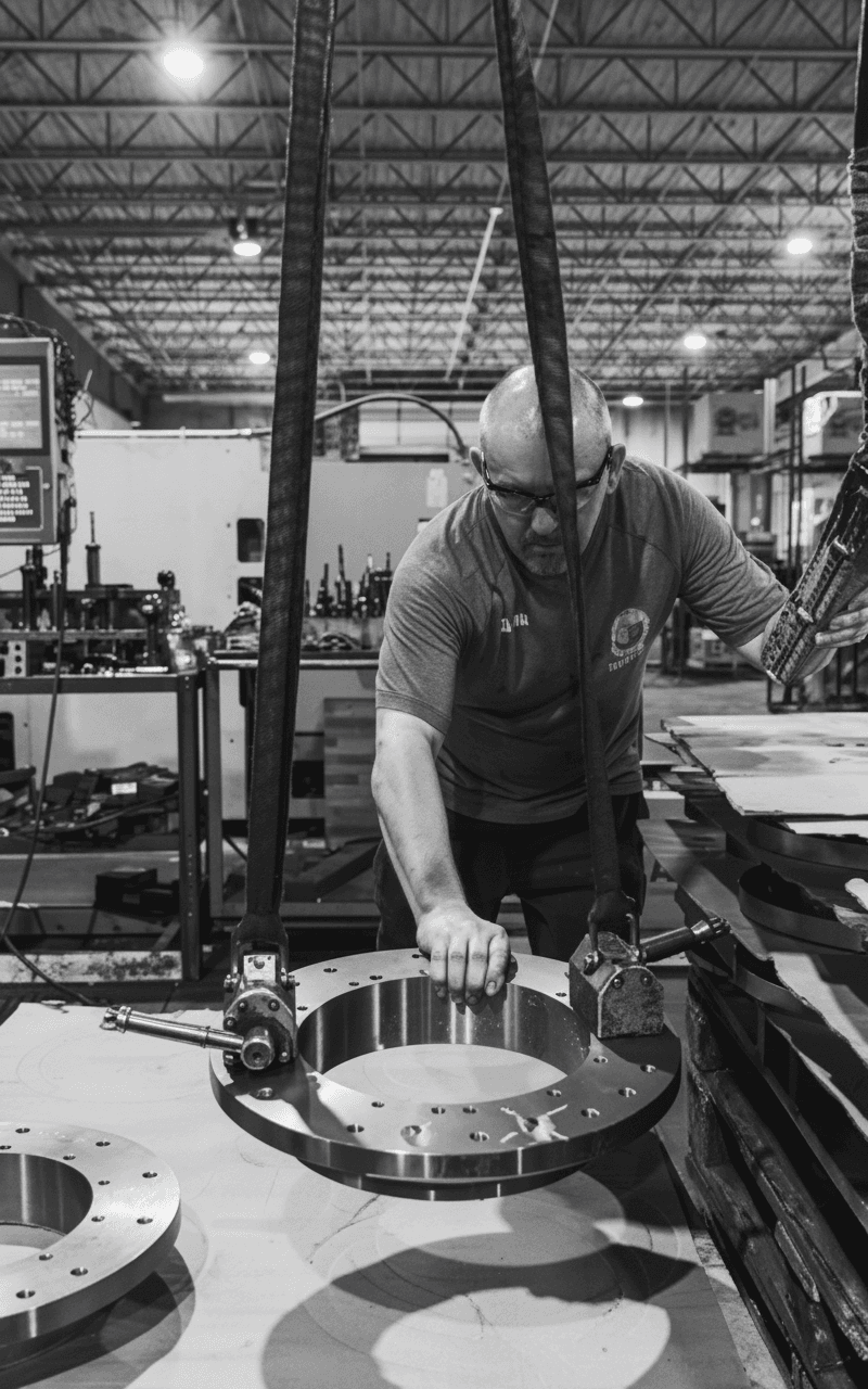 A man with a metal die in his hand